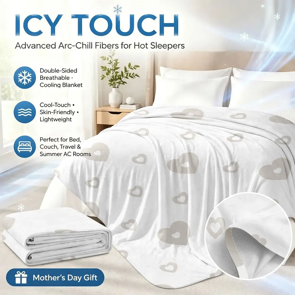 Cooling Blanket Summer Cooling Throw Heart Pattern Digital Print Soft Breathable Ice Touch Moisture Wicking Bedding