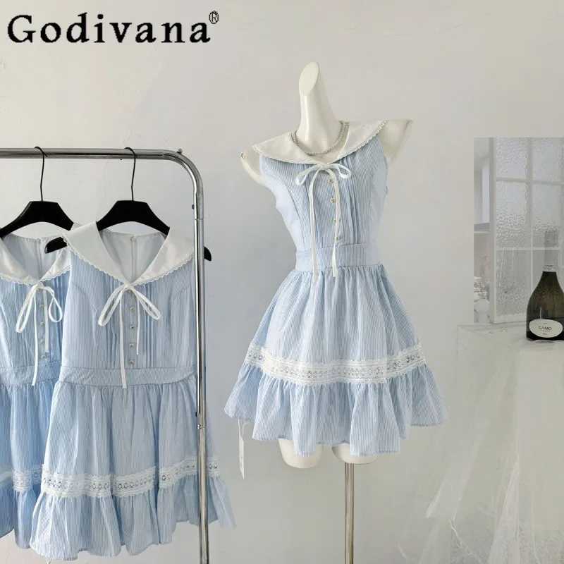 

Girls Blue Striped Waist Cinching Shirt Dress Summer Lolita Style Sleeveless Short Dress Women's Princess Sweet Dress