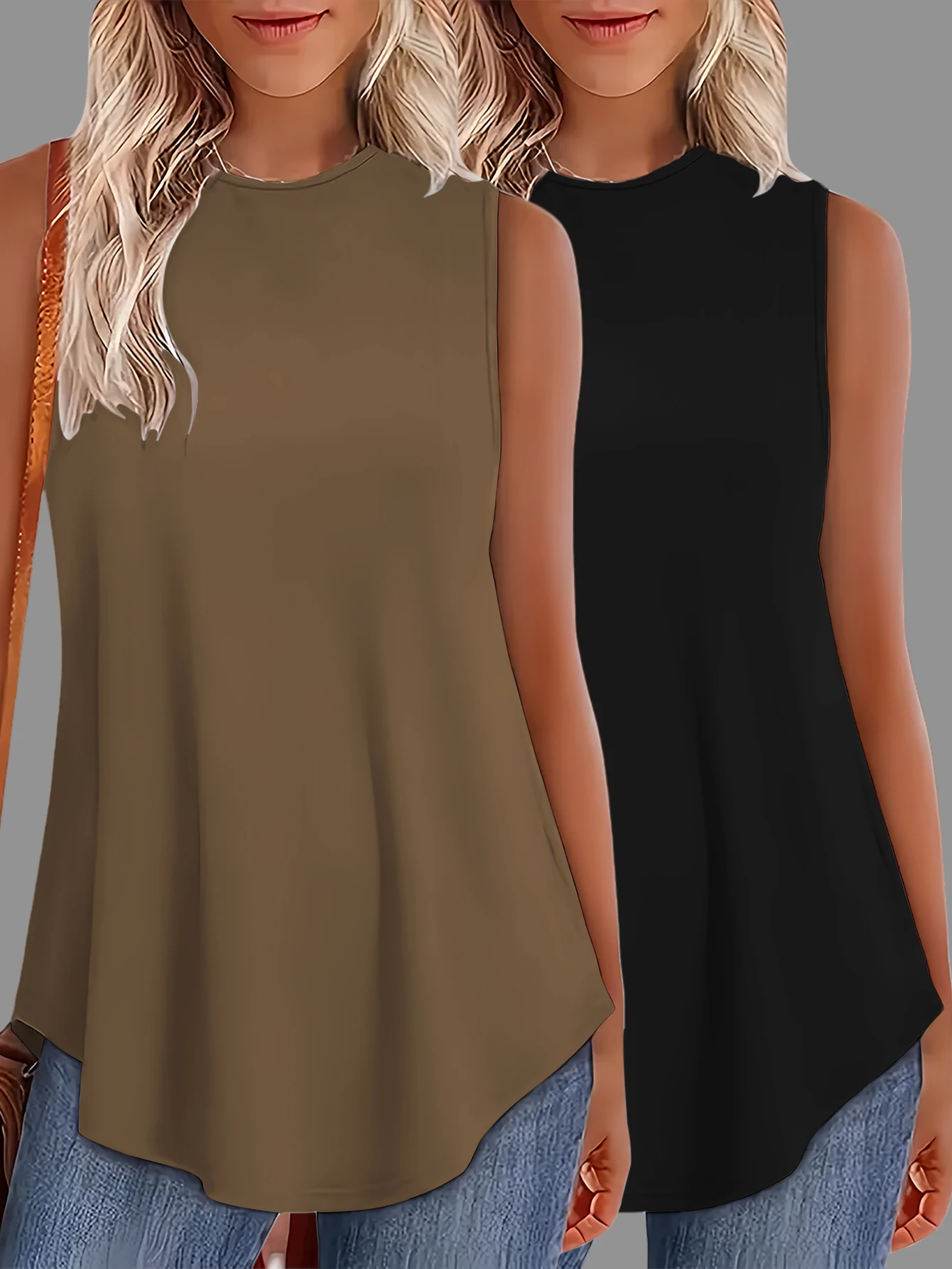 طقم مكون من قطعتين سترة نسائية كاجوال بلون سادة ورقبة دائرية بدون أكمام فضفاضة ومريحة لجميع المواسم