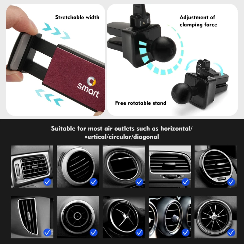 Car Phone Holder Suede Air Vent 360° Rotatable Support Stand For Smart Fortwo Forfour 451 453 450 452 454 Roadster Coupe