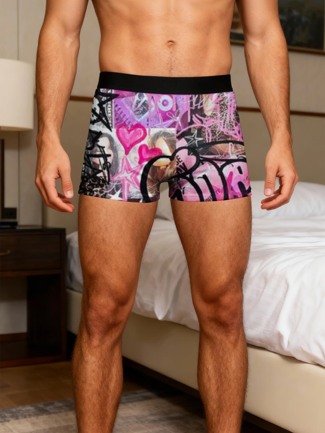 Men's Breathable Boxer Briefs Underwear Solid Color Base with Random Graffiti Hearts Stars Print Long Boxer Style