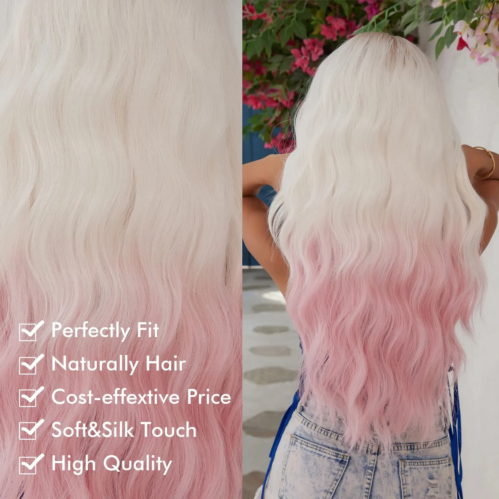 Eleganckie peruki syntetyczne Ombre White to Pink Color Water Wavy Curly Wig dla dziewcząt i kobiet Naturalne włosy Codzienne użytkowanie Cosplay