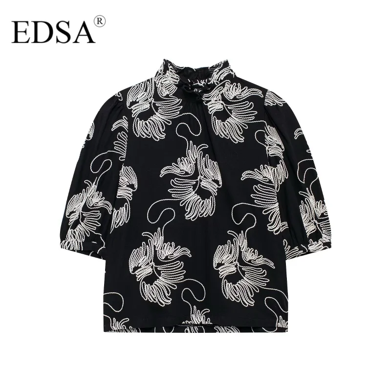 EDSA Women Contrast Embroidery Shirt High Neck Short Puff Sleeves for Female Blouse Spring Autumn Top