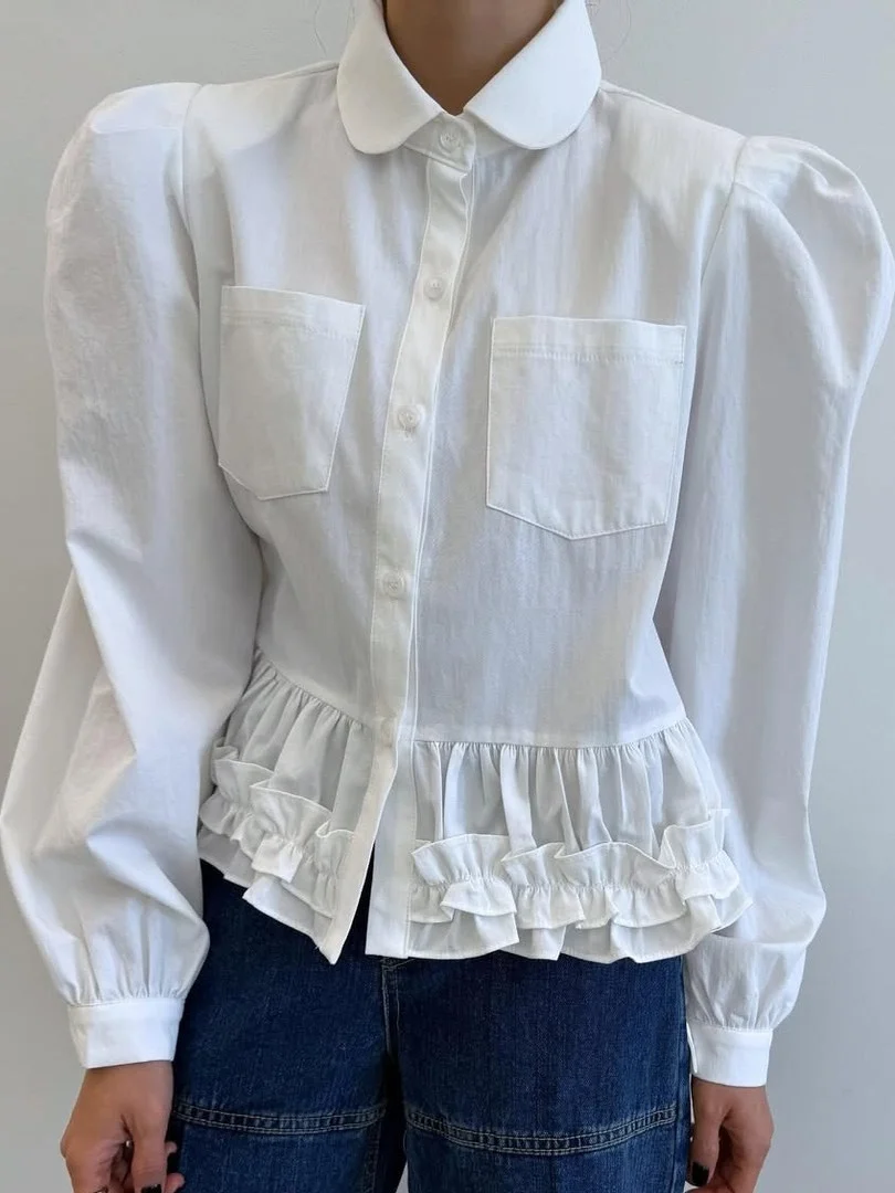 

Ele White Long Sve Women's irt Faux Sve Design Korean Sle Faionable Top High-End Feeling Busin Casual Blouse