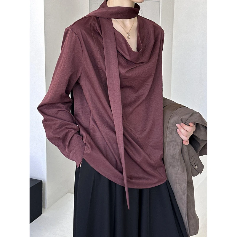 

2025 Autumn Women's Loose Collar Ribbon Flowing Neckline Long Sleeve Blouse with Versatile Shirt Top