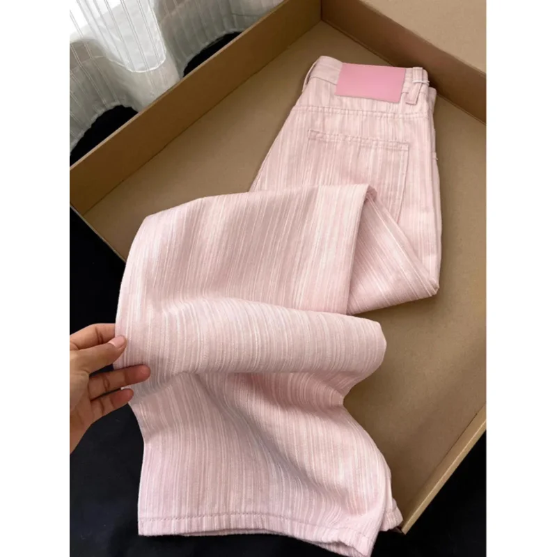 

2025 Summer Thin High Waist Straight Leg Wide Leg Pants Women's Denim Jeans Floor-Length Casual Pink Trousers Long Pants Feamle