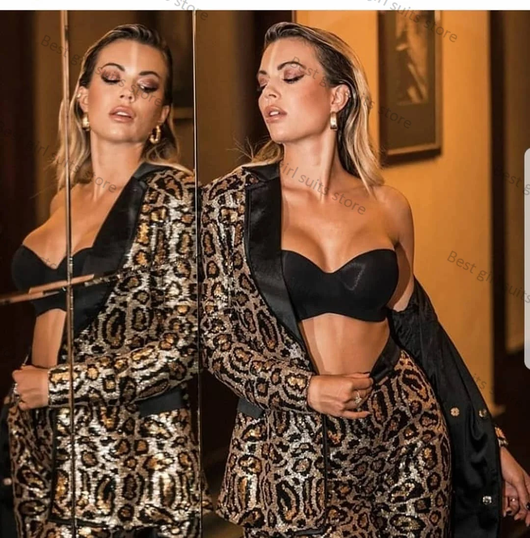 Conjunto de calças estampadas leopardo feminino, jaqueta e calças, lantejoulas de luxo, blazer, casamento, personalizado, formal, escritório, senhora, mulheres, calças, 2 peças