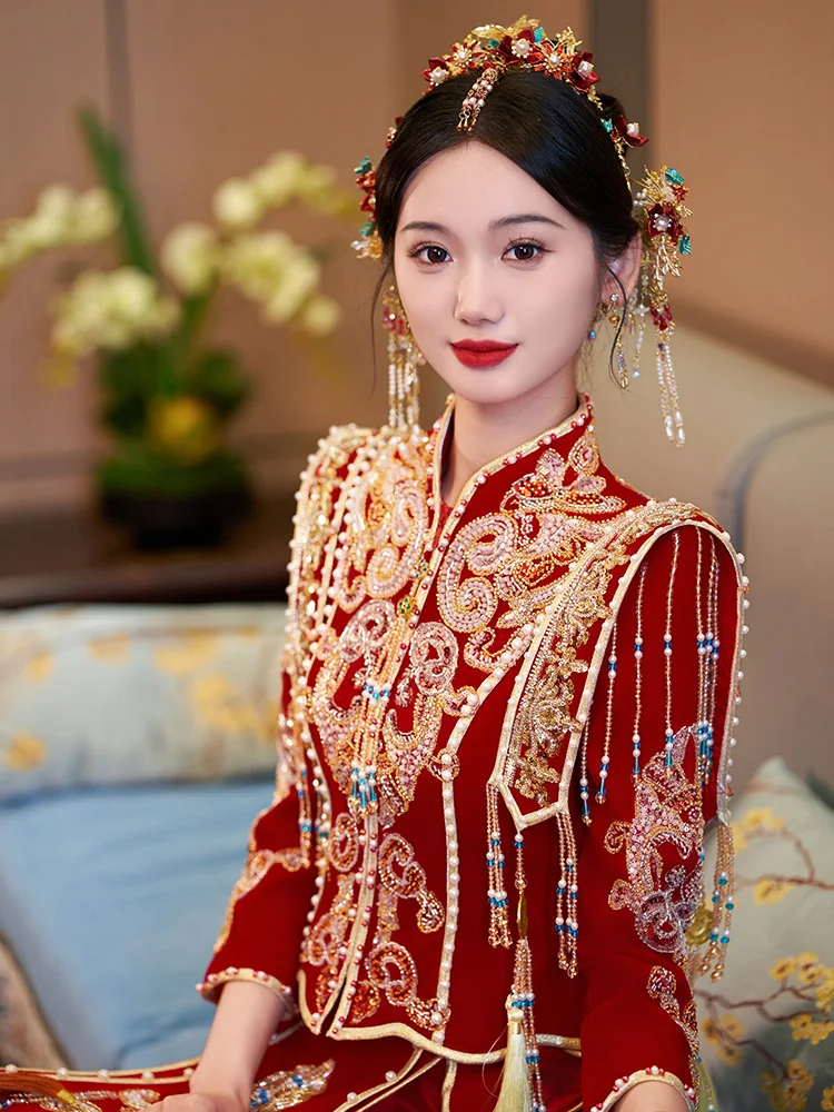 Xiuhe Dress Bride 2024 nowa ślubna nowa suknia chińskie wesele wychodzi za mąż w pawilon sukienka, Hanfu, sukienka tostowa, wysokiej klasy