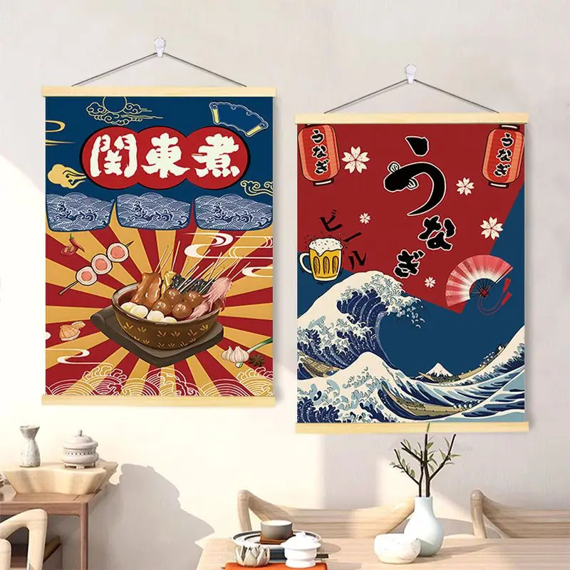 VIKAMA Japanese Sushi BBQ Food Wooden Hanger Tapestry Vintage Izakaya Poster Wall Hanging Restaurant Bar Kitchen Wall Decor