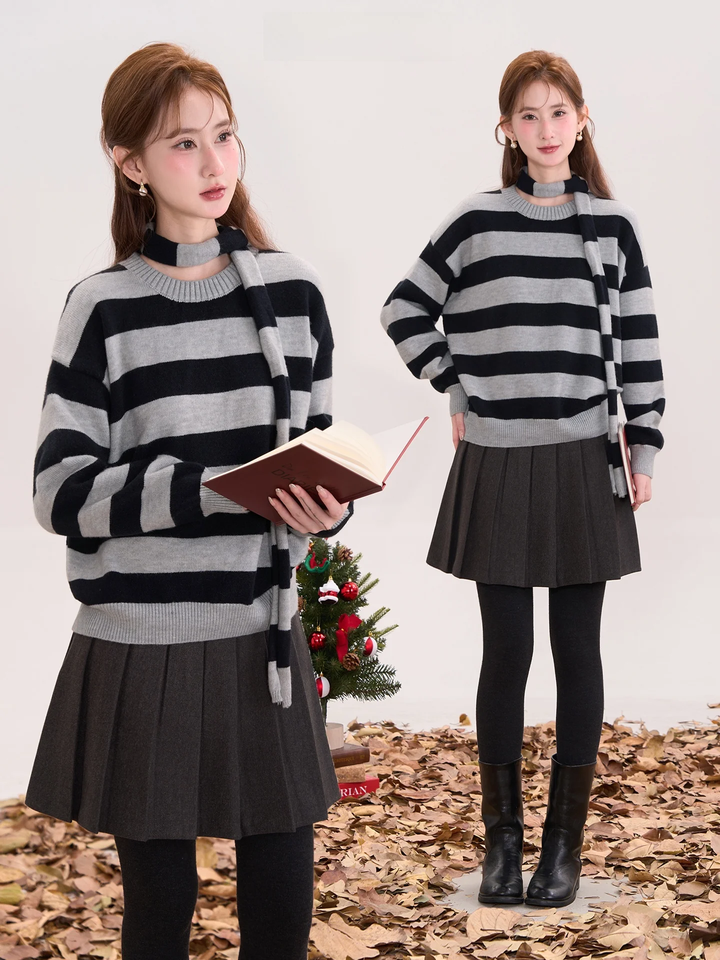 

Heme Knitted Long Sve round Ne Women's Sweater Scarf Salted Milk Pudding Stripe Pattern Casual Sle Warmth Comfortable Fit