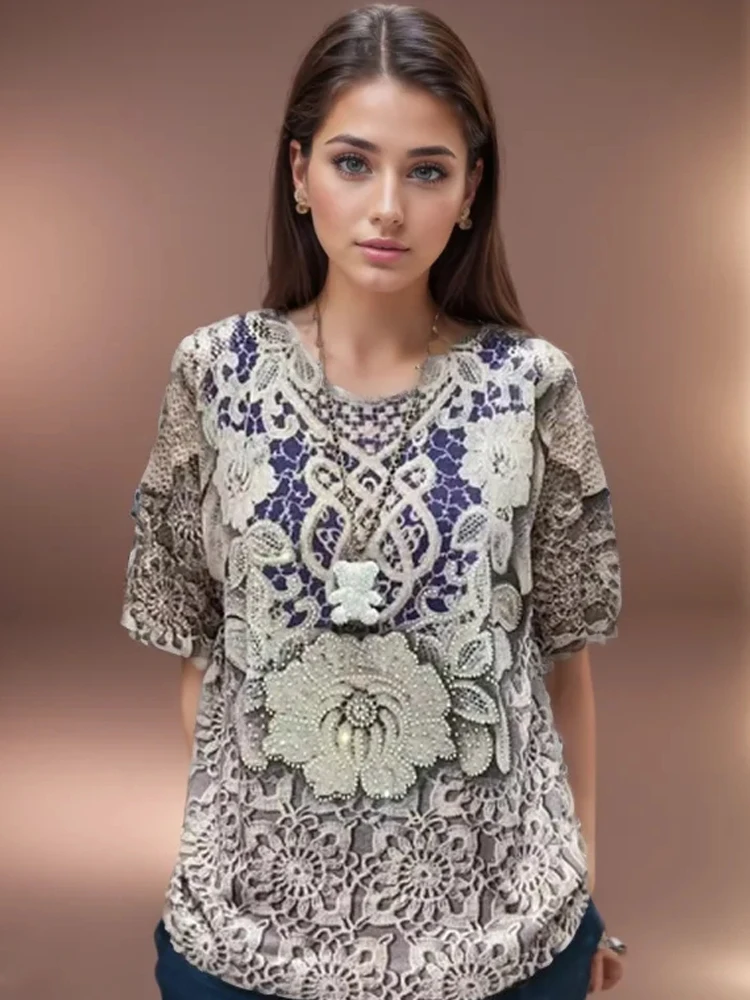 

Floral Print Hollow Knitted T Shirt Women 2024 Summer Clothes For Women Pullovers Tees Top Short Sleeve Loose Women's T-shirt