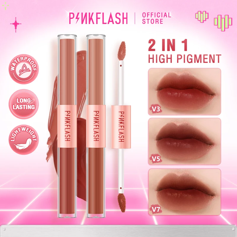 PINKFLASH 2 In 1 Dual-head Velvet Liquid Lipstick Long-lasting Matte Lip Gloss High Pigment Lightweight Liptint Makeup Cosmetics