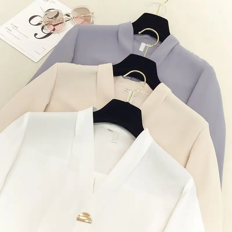 Solid Color Loose Temperament Blouse Women New Classic Long Sleeve V-neck Korean Office All-match Pullover Chiffon Shirt