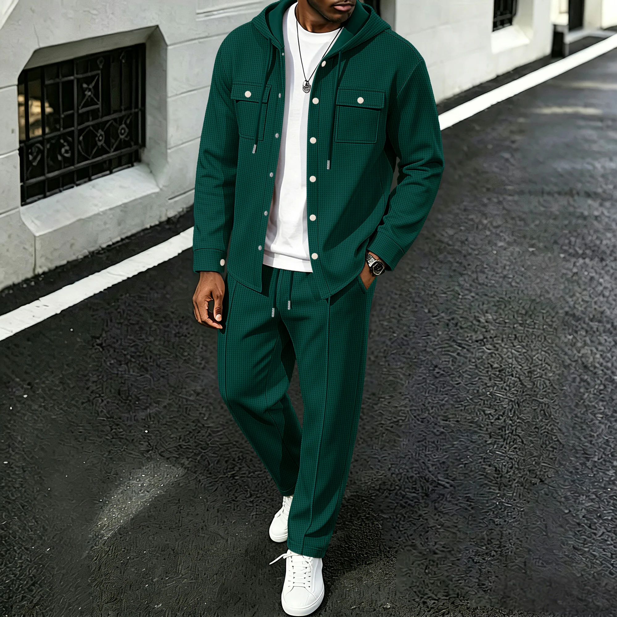 Men's spring-autumn matching set: Waffle knit hooded jacket paired with straight-leg pants, suitable for outdoor travel and casu - view 4