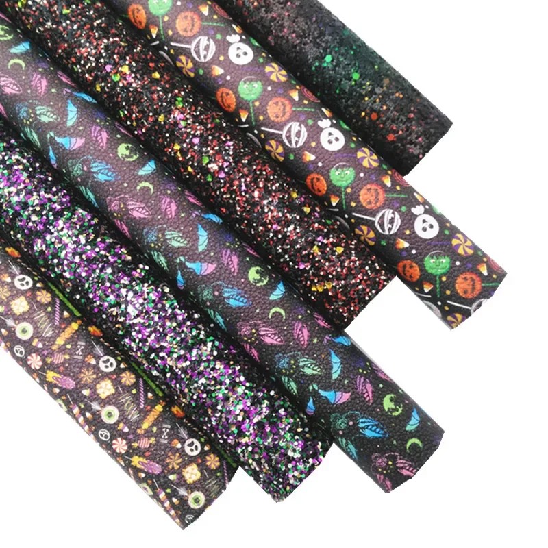 Hallween Glitter Leather Sheets Matching with Candies Bats Pumpkins Printed Faux Leather Sheets for DIY Craft 8.2