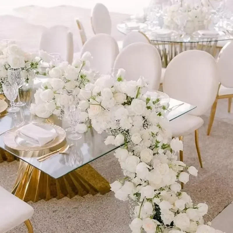 Dinner Party Event Glass Top Gold Stainless Steel Frame Wedding Dining Table Modern Eco-Friendly Durable 10 Seats