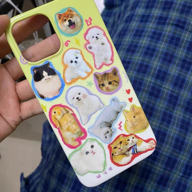 Vintage Animal Cute Cat Dog Star Heart Phone Case for iPhone 16 15 14 13 12 11 Pro Max XS XR XSMax 6 7 8 Plus Glossy HD Cover