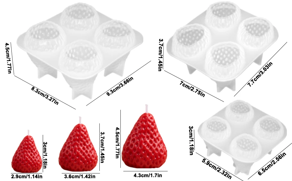 3D Erdbeer-Silikonform, 4-fach Erdbeer-Duftkerzen-Seifen-Fondant-Form, Frucht-Epoxidharz-Gießform S M L – Detail 2