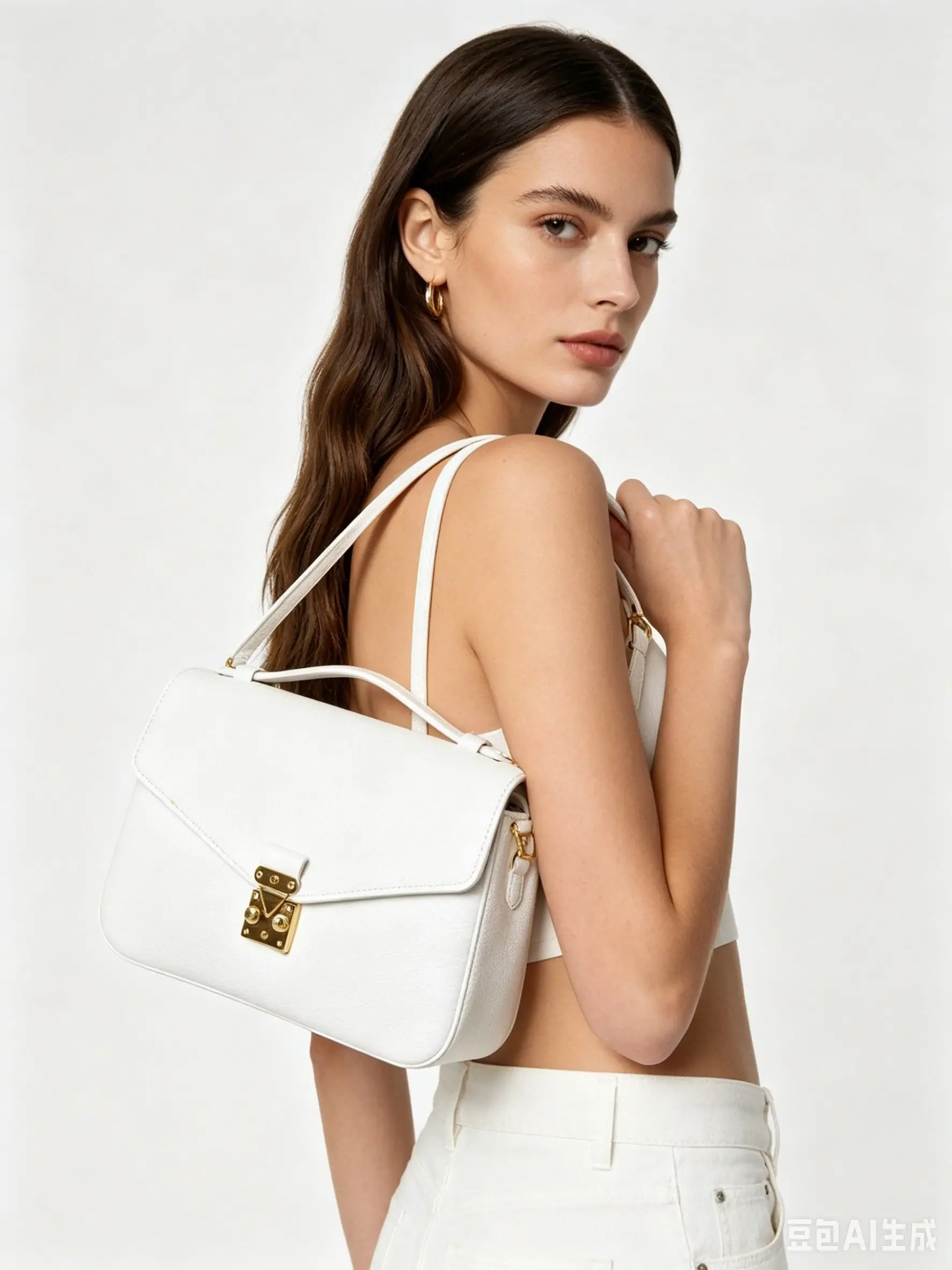 

White pebbled leather shoulder bag with a structured envelope flap and gold-tone turn-lock hardware.