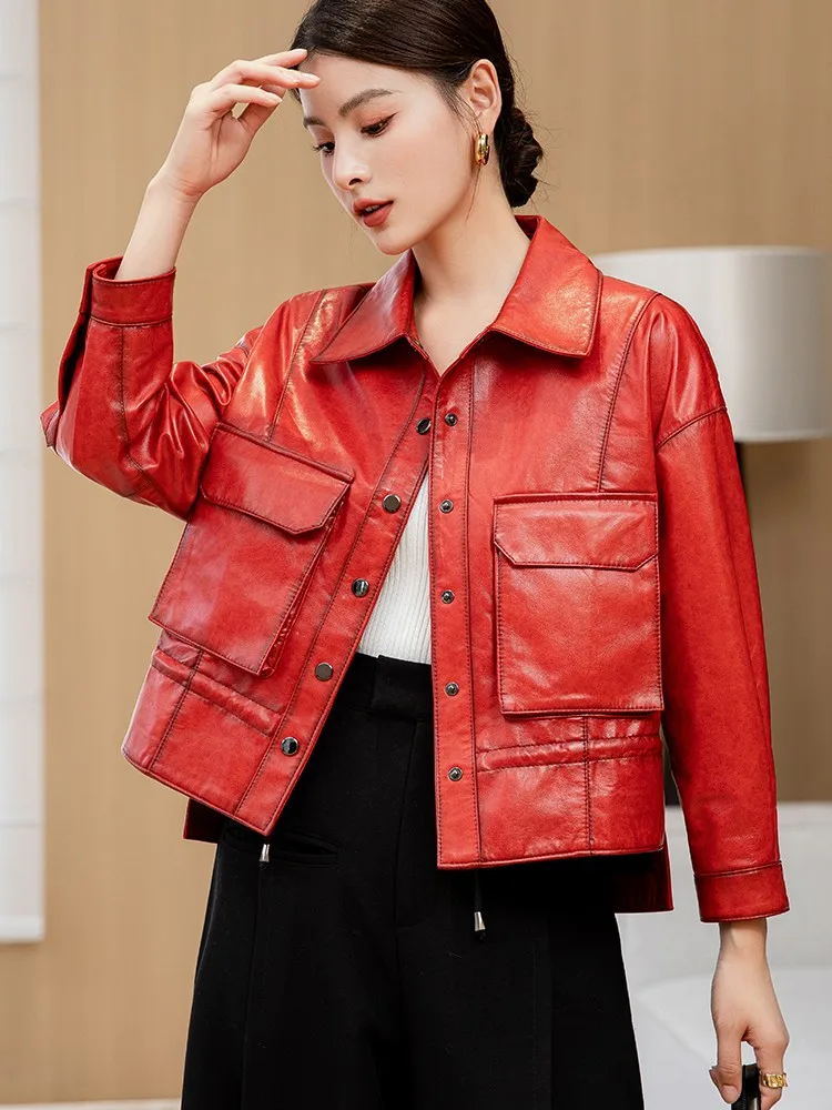 Giacca corta da donna in vera pelle di alta qualità monopetto vino rosso giacche di pelle di pecora colletto couverture cappotto casual vestibilità ampia