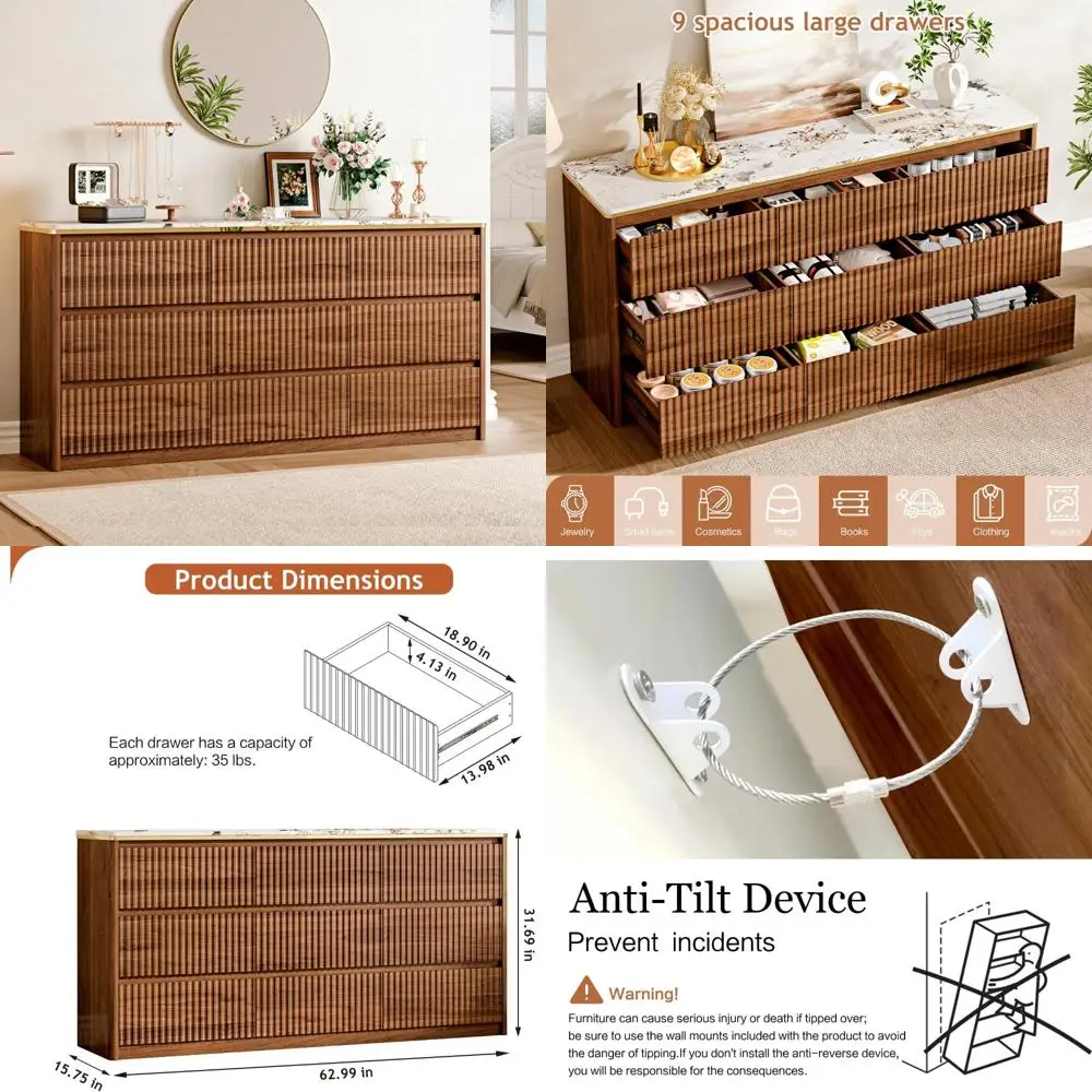 خزانة ملابس بغرفة النوم مع 9 أدراج، وصندوق علوي من الرخام الصناعي الحديث، وتصميم منحني، وخزانة ملابس مع مساحة للتلفزيون #1