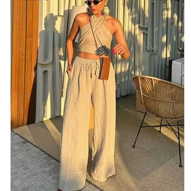 Streetwear Khaki Suit Women\'s Sleeveless Halter Sexy Crop Top Women + High Waist Wide Leg Pants Fashion 2024 Suit