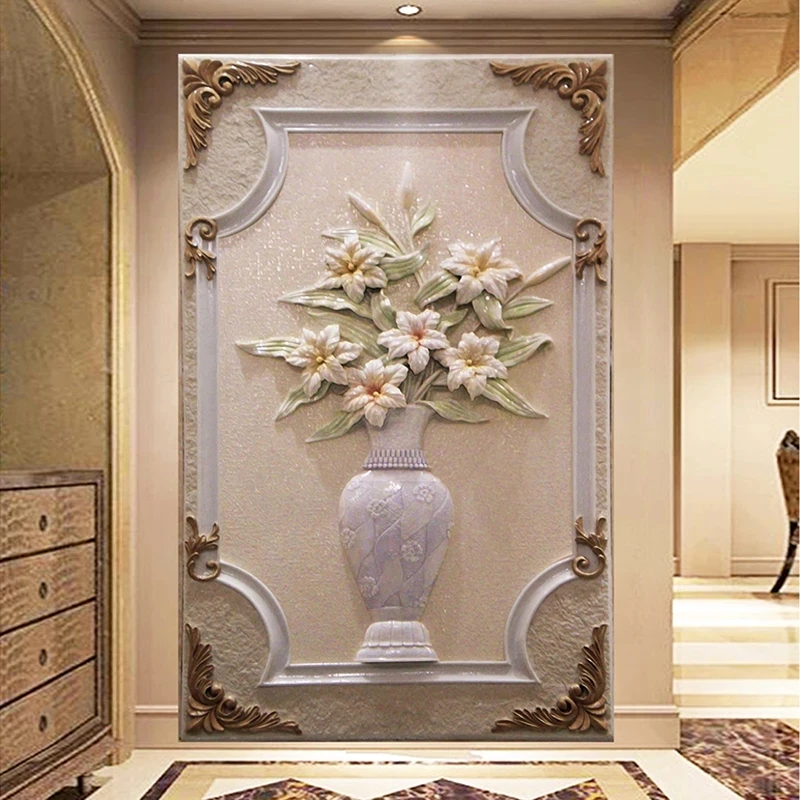 Custom 3D Embossed Vase Mural European Living Room Entrance Corridor Art Wall Self Adhesive Wallpaper bedroom restaurant Hotel