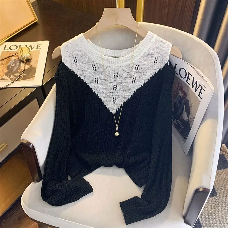 Fashion Hollow Out Sexy Off Shoulder Color Matching Blouse Women New Classic Long Sleeve Slim O-collar Knitting Lady Top