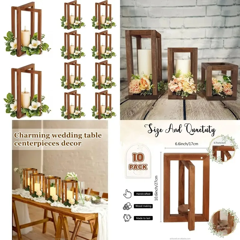 10 Pcs Wooden Candle Lantern Set Rustic Farmhouse Candle Holder for Wedding Table Centerpiece Home Party Decoration