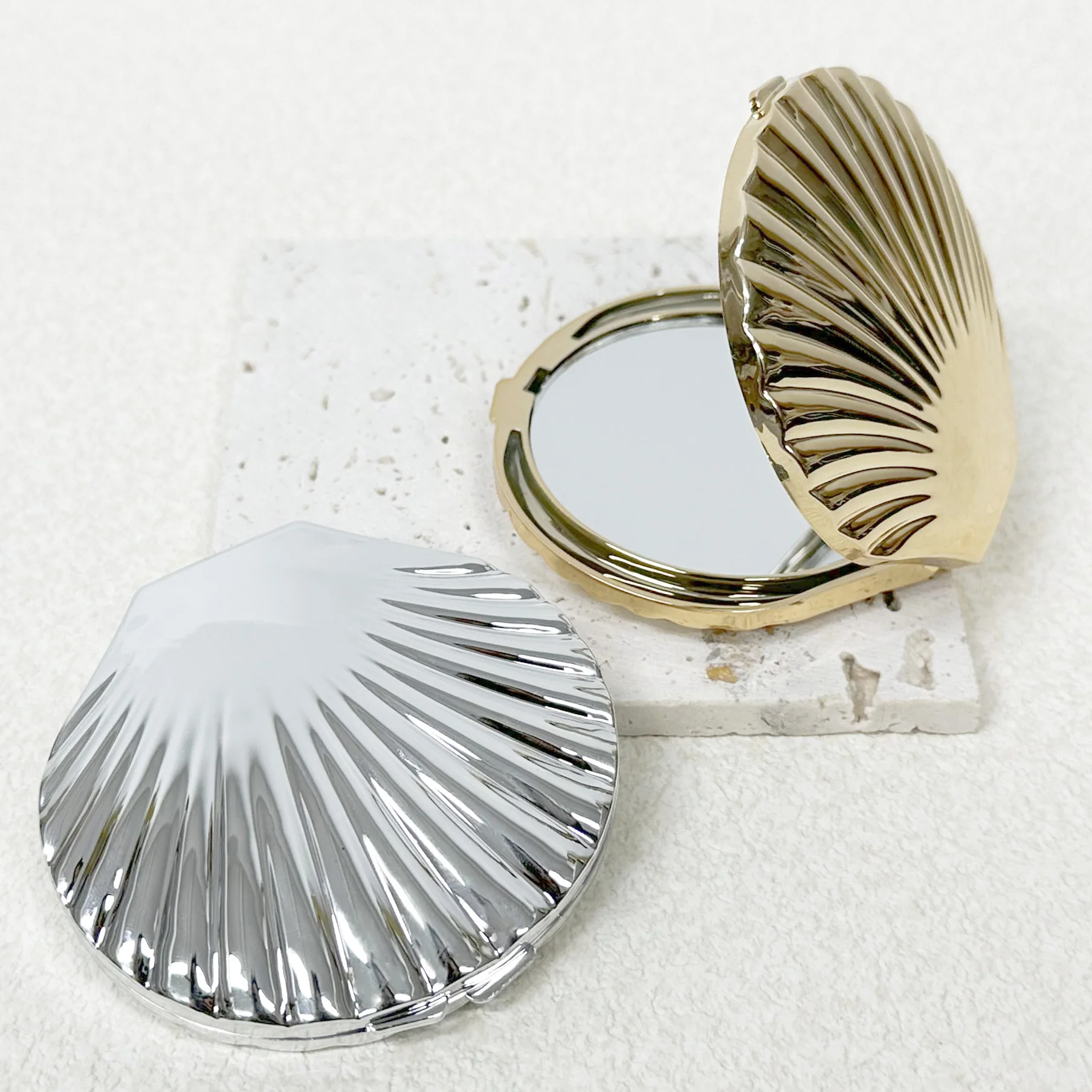 Shell Shaped Double Sided Makeup Mirror, Silver and Gold Shell Mirror, 1X/2X Folding Hand Mirror