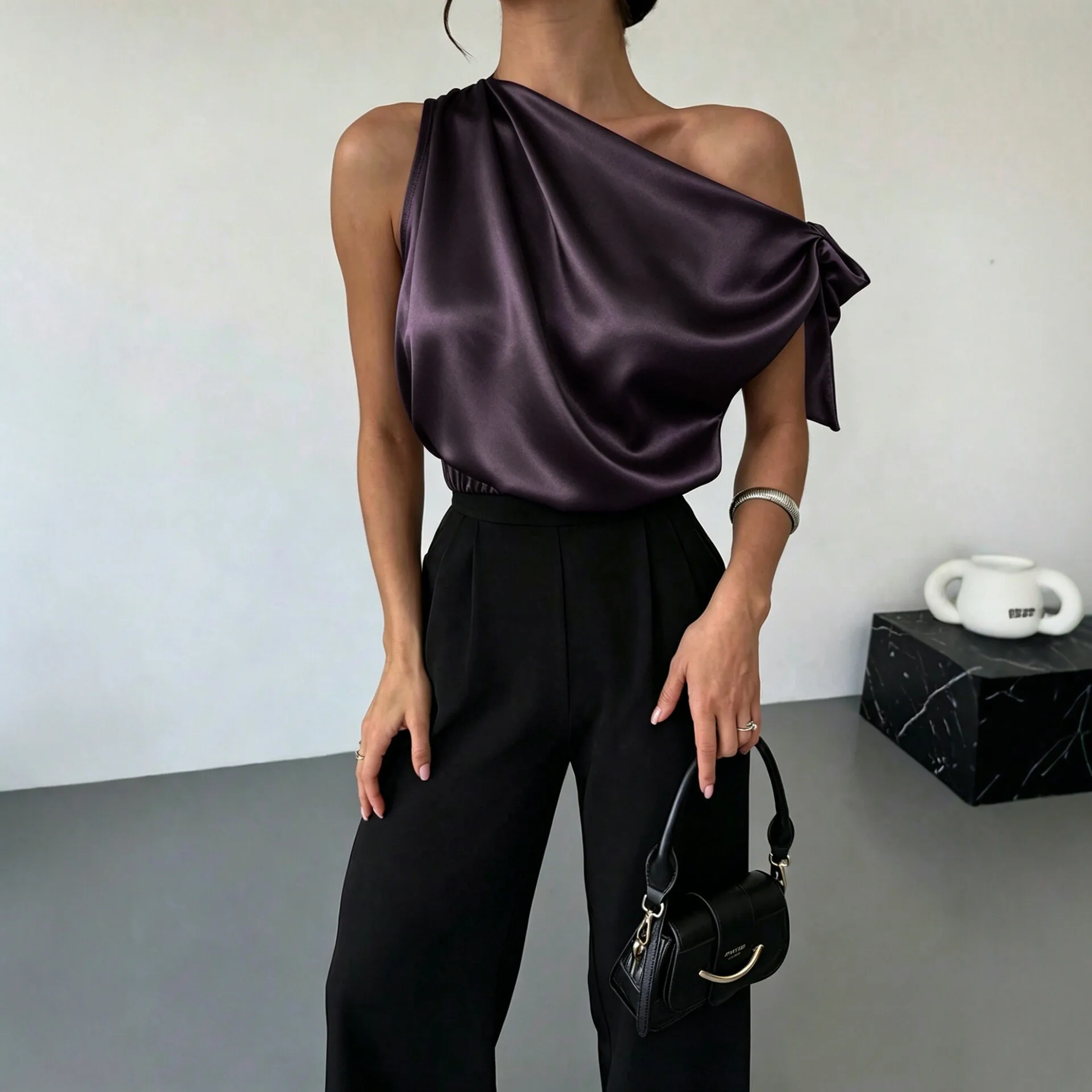 Asymmetric Off Shoulder Woven Top Regular Length Japanese and Korean Casual with Summer Slight Stretch T Shirts for Women