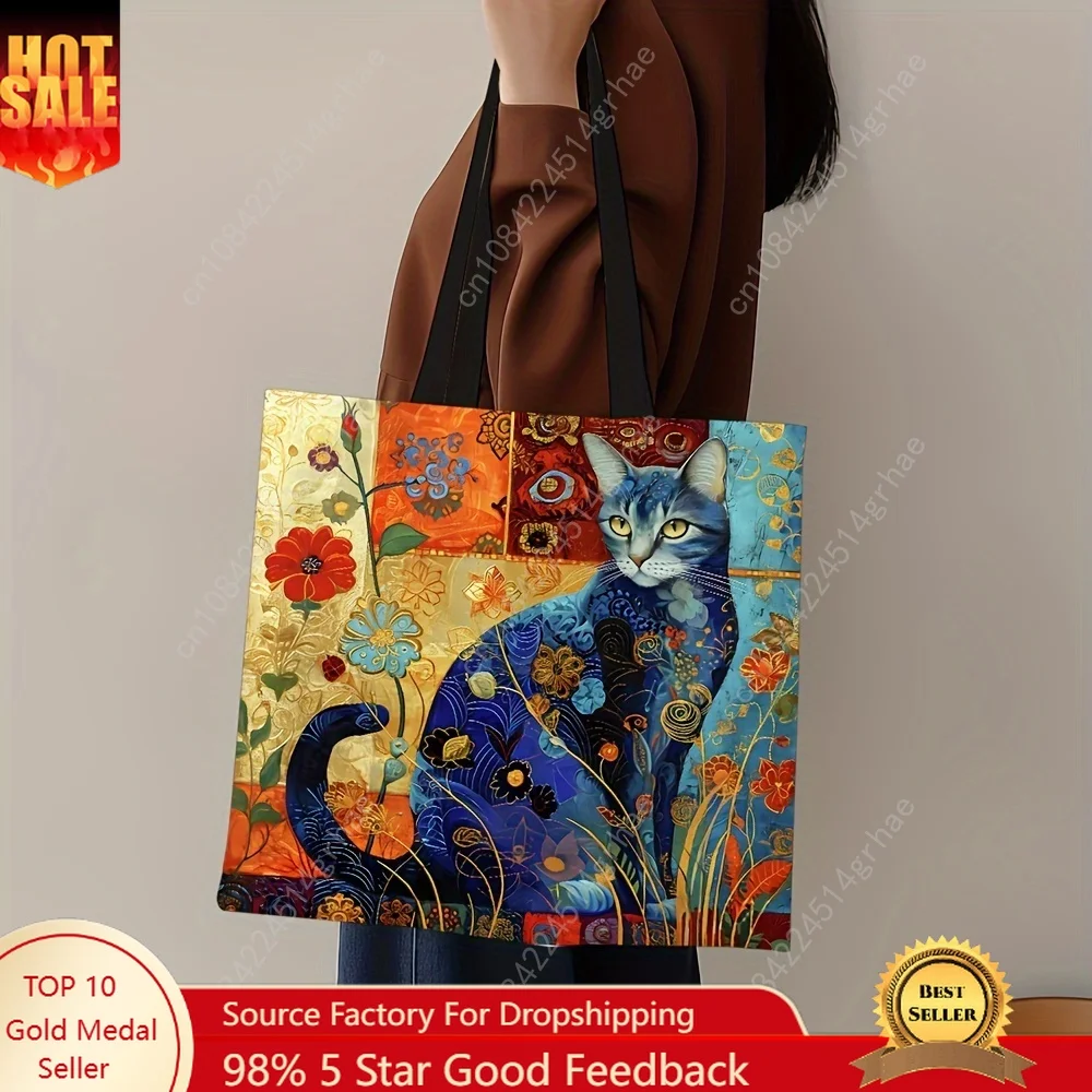 1 Buah Tas Jinjing Kucing Abstrak Tas Bahu Hewan Kecil Unik Lucu Tas Tangan Ramah Lingkungan Linen Cetak Tas Kasual Kantor Belanja Dapat Digunakan Kembali