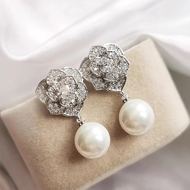 CAOSHI Trendy Imitation Pearl Earrings for Women Creative Design Gorgeous Sparkling Flower Wedding Anniversary Beautiful Jewelry
