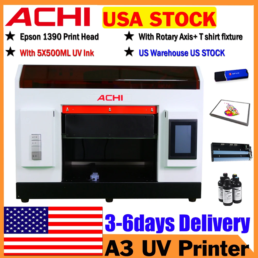 US Stock A3 UV Printer R1390 A4 UV Printer for Cylinder for T-shirt Bottle Glass Metal Wood Print US Stock 5X500ML EU Ship