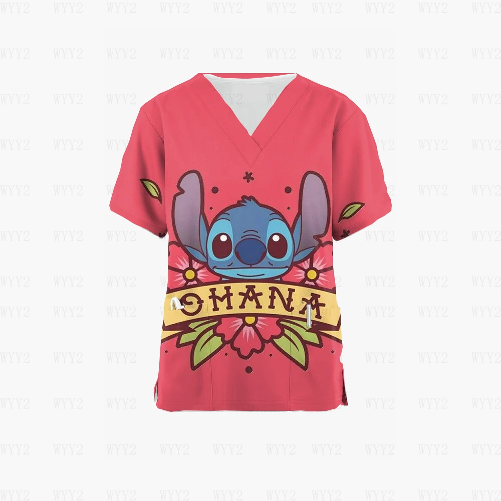 Stitch Cartoon Printed Nurse Uniform Women Scrub Top Pullover Short Sleeve Work Shirt Summer Nurse Shirt Nursing Uniform