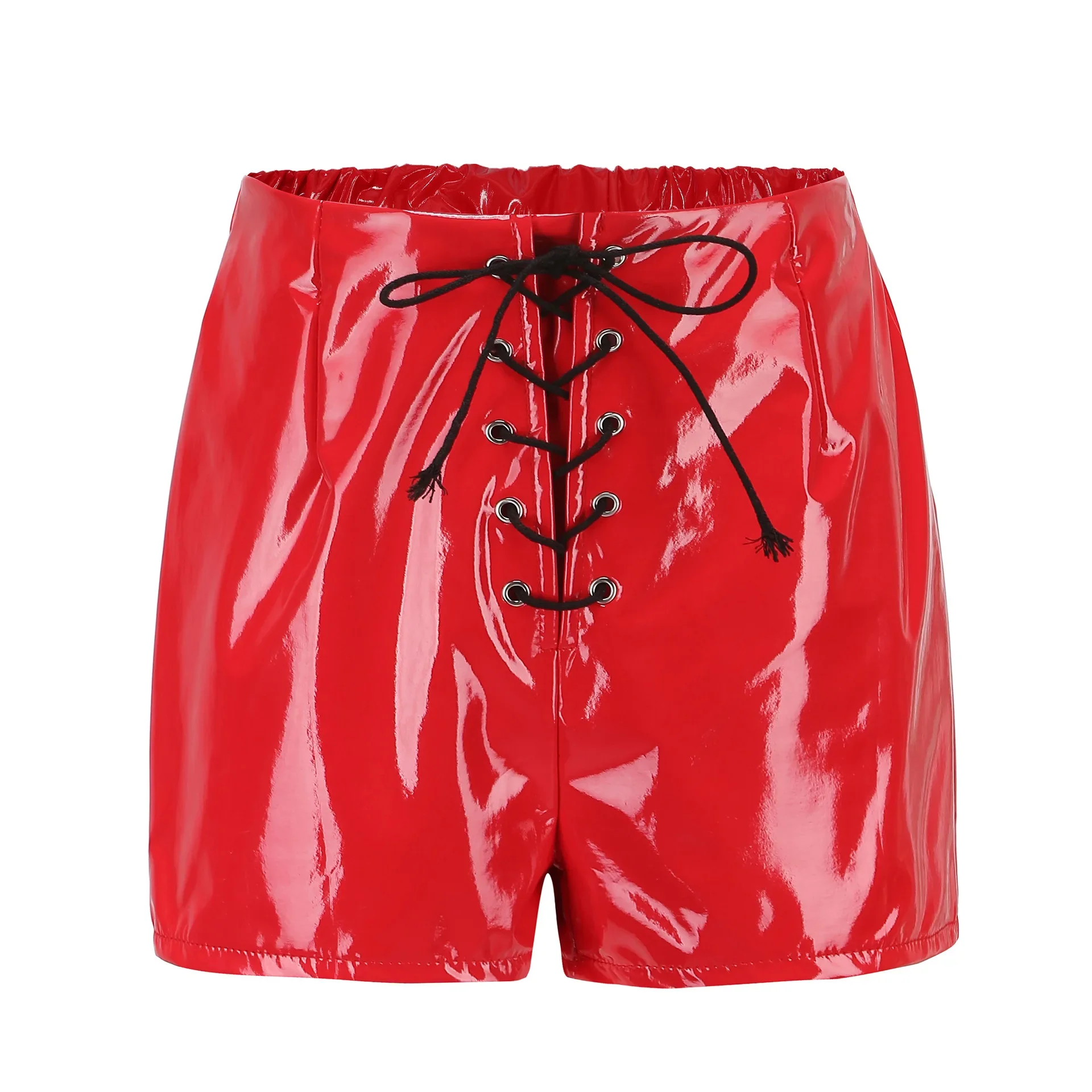 Frauen Hohe Taille Kunstleder Shorts Sexy Slim Lace Up Schwarz Rot Sommer Kurze Hosen Lässige Mode PVC Shorts