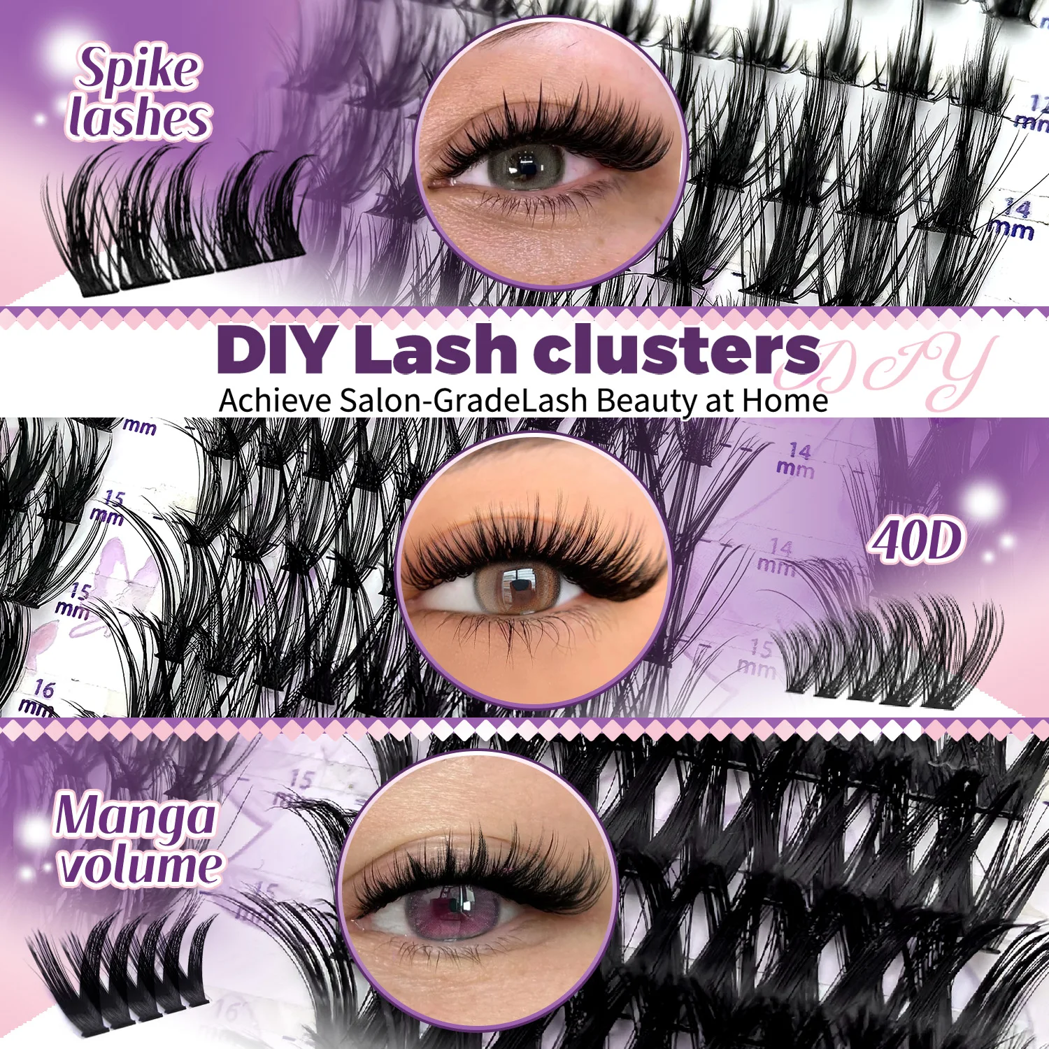 300-teiliges Wimpern-Cluster-Set: 3 Stile Manga Spike 40D Wispy Fairy Einzelwimpern, C-Curl 10-18mm mit Kleber & Versiegelung für Make-up – Detail 3