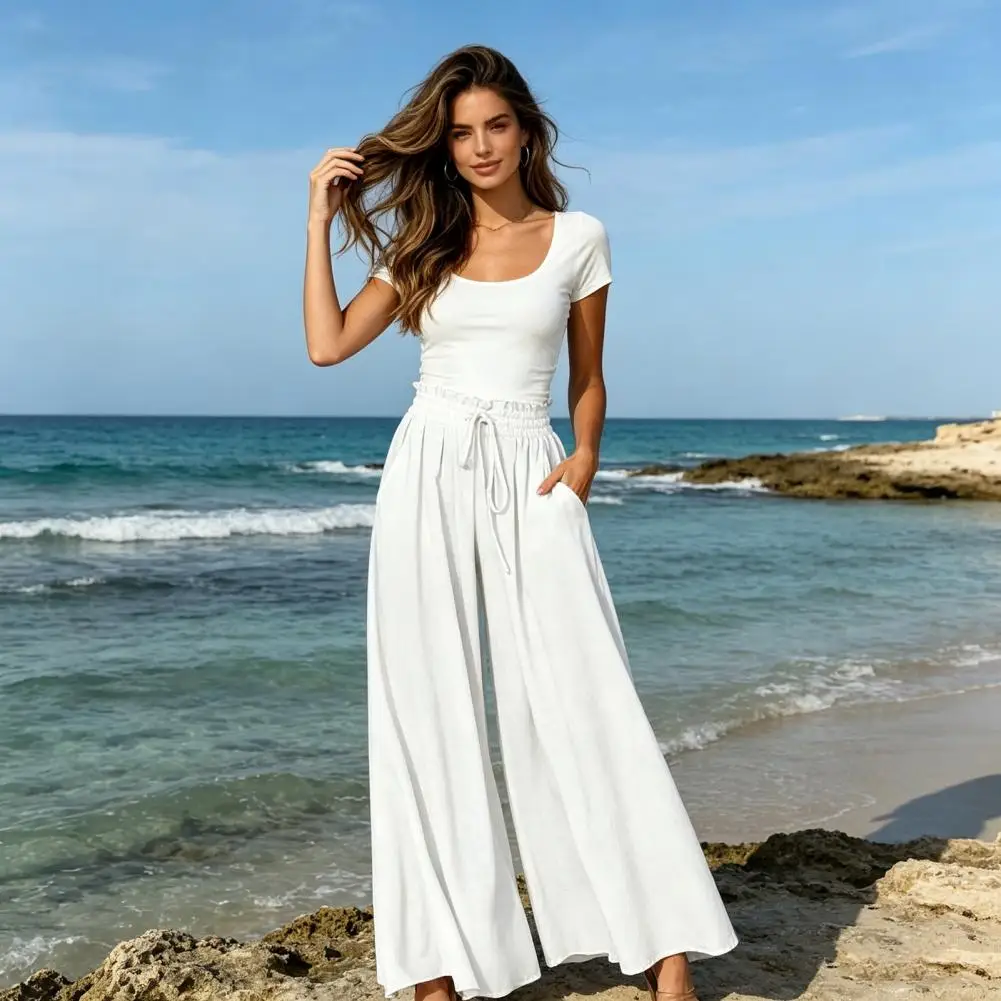Damenhosen, vielseitig geschnittene Hosen, übergroße Damenhosen mit weitem Bein und Taschen, verstellbarer elastischer Riemen, lange Hosen, rein