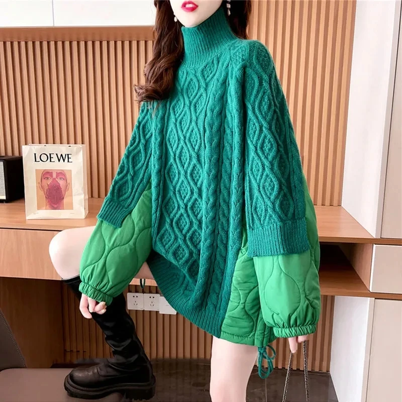 

Spliced High-neck Women's Sweater Autumn Winter New Thick Warm Pullover Top Loose Mid-length Lazy Style Knitting Top Coat