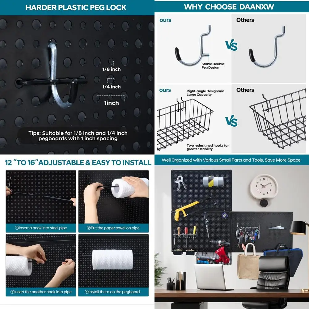 

Набор для организации хранения на перфорированной доске, 246 предметов, включает крючки, контейнеры, корзины, держатель для бумажных полотенец; подходит для перфорированных досок с отверстиями 1/8 и 1/4 дюйма.