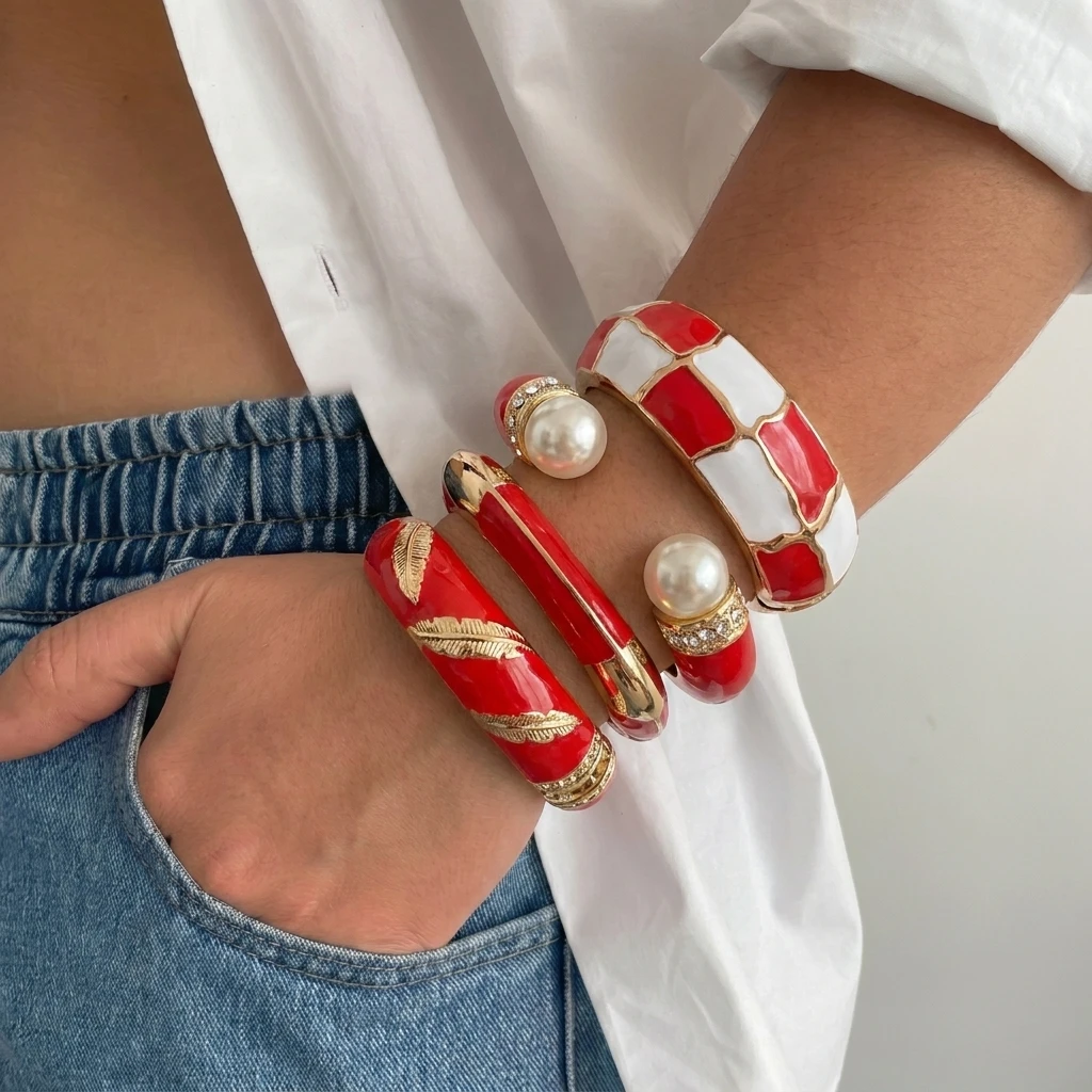 Red Vintage Fashion Enamel Drip Bracelet Women's Versatile Color Block Stackable Hand Ring Gift for Girlfriend Party Jewelry