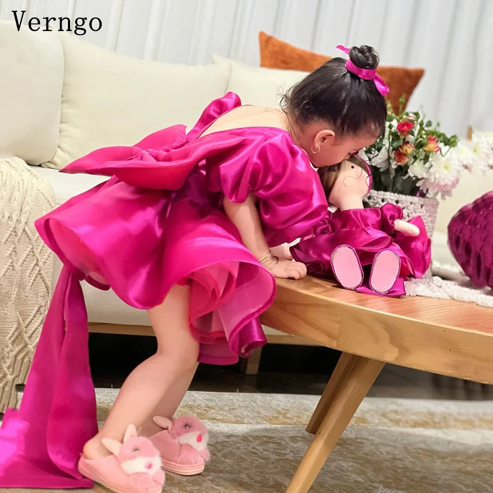 Verngo Pink Satin Mini Girl Flower Dress O Neck Puff Short Sleeves Birthday Party Dress Bow Princess Kid Gowns Customized