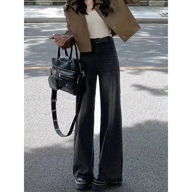 

Женские джинсы с высокой талией, прямые джинсы с эффектом трубки, тонкие синие джинсовые брюки для отдыха, винтажные свободные брюки в уличном стиле, модные широкие брюки Y2K