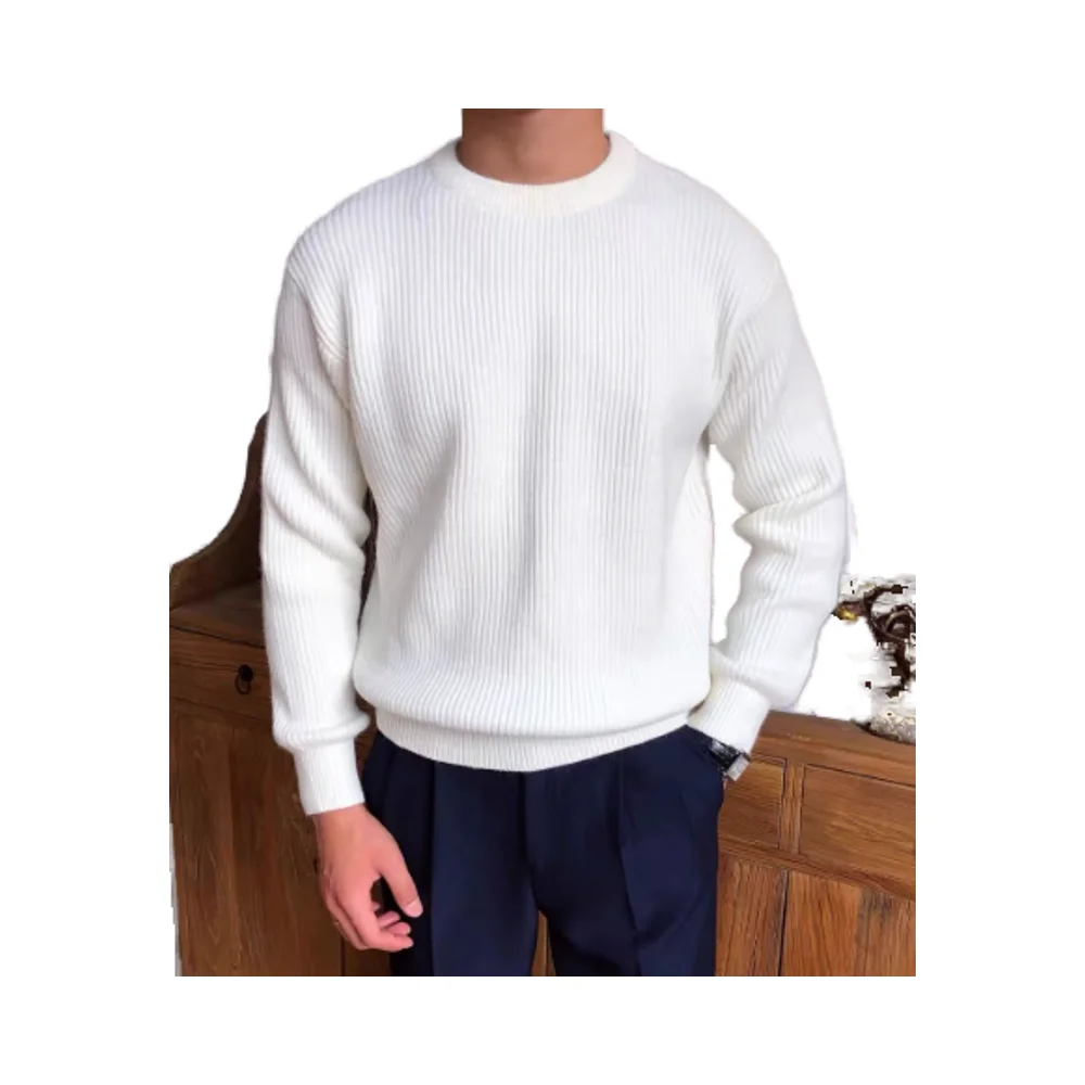 Мужской повседневный однотонный пуловер с круглым вырезом, свитер с теплой текстурой, вязаный джемпер с дышащей функцией на осень-зиму