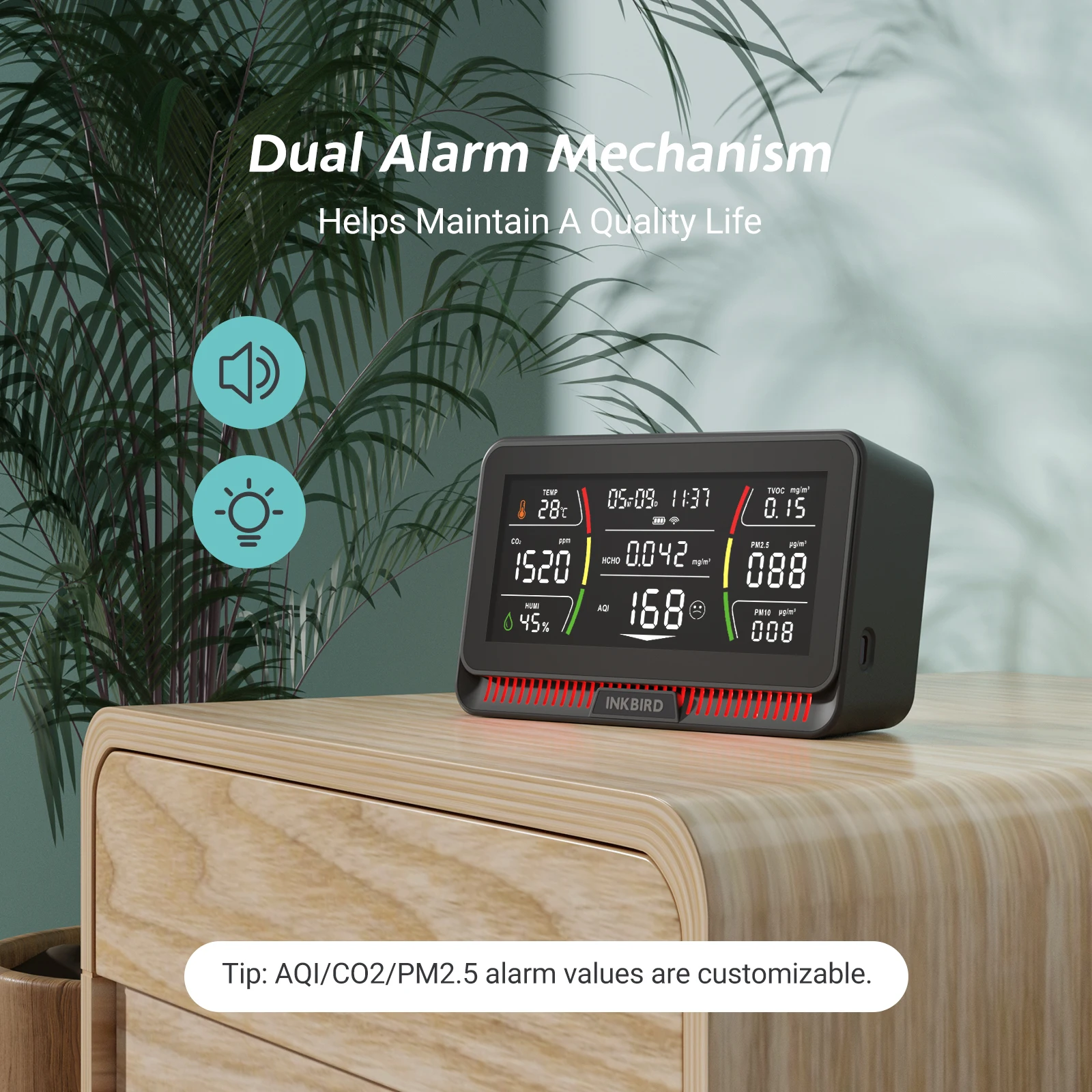 Imagem -04 - Inkbird-monitor de Qualidade do ar Wifi Temperatura Umidade Data Detector de Co2 Tvoc Hcho Aqi Pm2.5 Pm10 Iaqm129-w 10 em 1