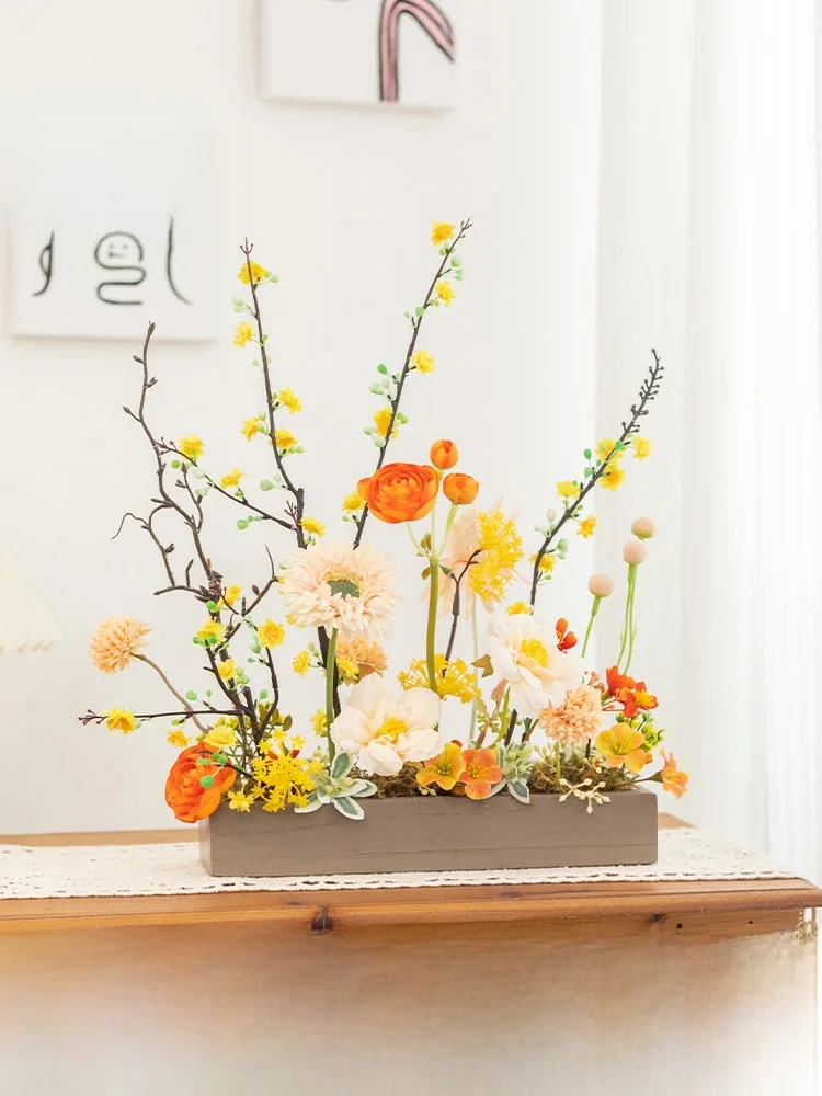 

Aying Faux Flower Arrangement Kitchen TV Cabinet Decoration Spring Decor Wooden Potted Plant Artificial Bouquet Home Decor