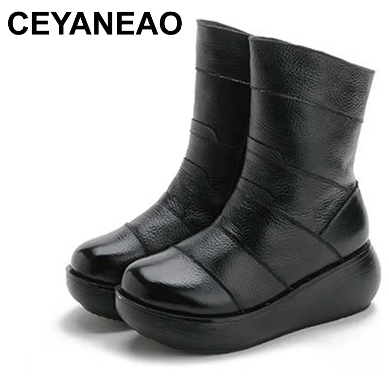 CEYANEAO Genuine Leather Flat Platform Half Boots Women Shoes  Winter Round Toe Vintage Platform Mid-Calf Boots Woman Zipper