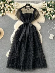 Retro Elegant Lace Ruffle Mesh Long Dress A-line Short Sleeve Casual High Waist Dress Women Summer Black Mesh Sheer Dresses