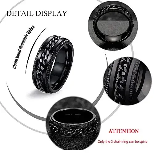 9Pc Stainless Steel Band Ring for Men Women Cool Fidget Spinning Chain Ring Anxiety Relief Fashion Wedding Engagement Black Ring