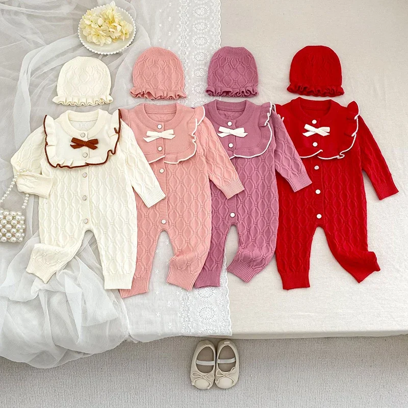 

2025 New Autumn 0-24M Kids Knitted Clothes Infant Baby Girls Knitted Jumpsuit+Hat Toddler Baby Girl Knitted Romper